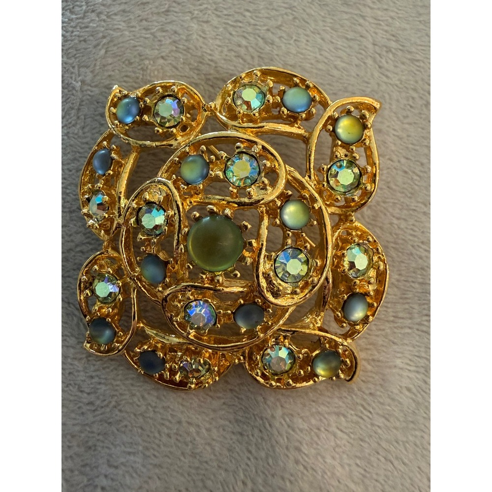Vintage Gold Tone AB Rhinestone Green Cabochon Square Brooch Pin 2 Inch
